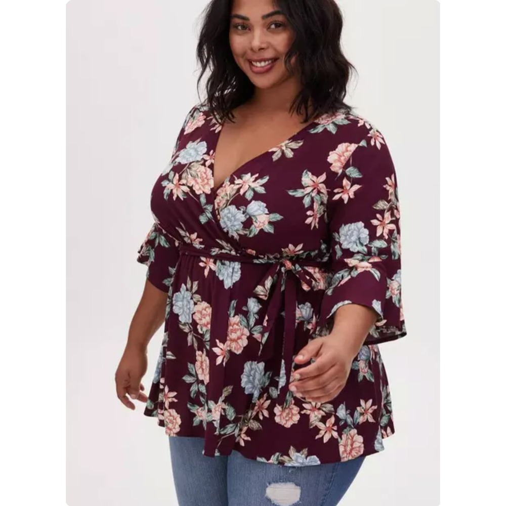 Torrid Floral Surplice Top‎ Womens 3 Burgundy Boho Wrap V-Neck Flutter Sleeve